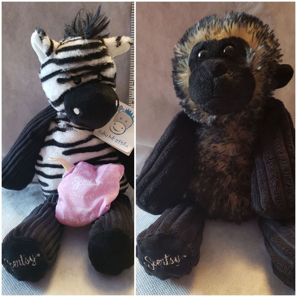 2 SCENTSY Buddies Retired Black Fuzzy GAMBI GORILLA and Striped ZUKU ZEBRA